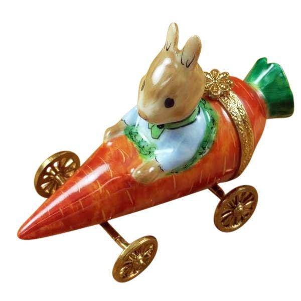 Rabbit in Carrot Car Porcelain Limoges Rabbit French Trinket Box