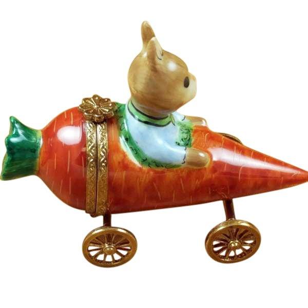 Rabbit in Carrot Car Porcelain Limoges Rabbit French Trinket Box