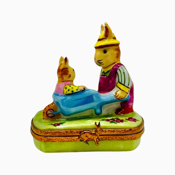 Rabbits Wheelbarrow Porcelain Limoges rabbits mouse French Trinket Box