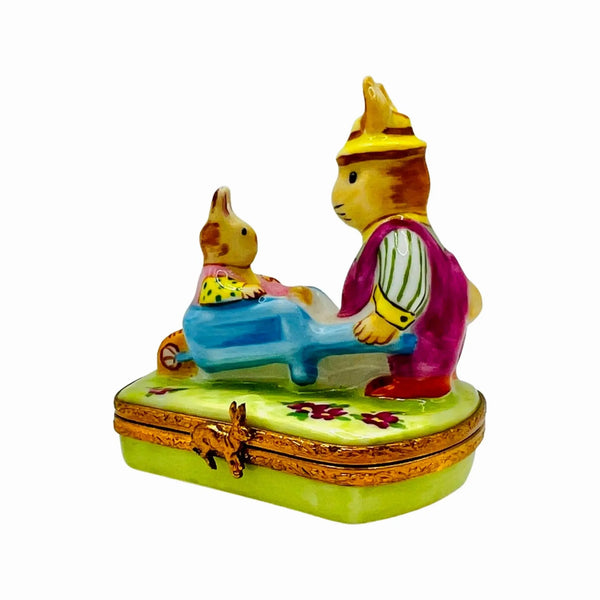 Rabbits Wheelbarrow Porcelain Limoges rabbits mouse French Trinket Box