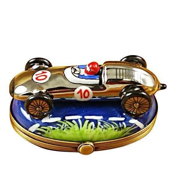 Race Car Blue Base Porcelain Limoges sport vehicles French Trinket Box
