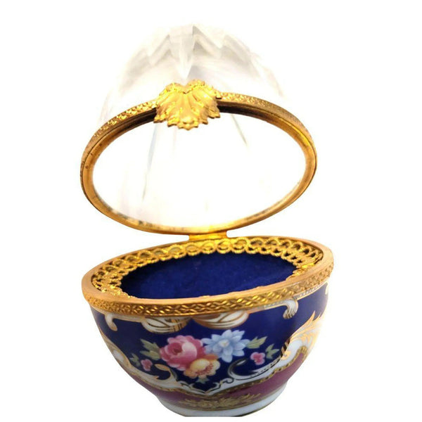 Rare Crystal Egg with 18 Karat Gold Detail Porcelain Limoges Egg Wedding Special French Trinket Box