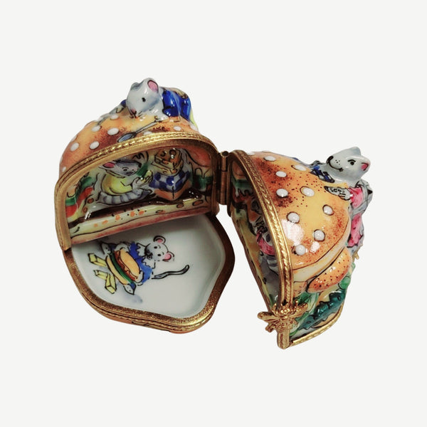 Rare Hinged Mice Cheeseburger Box Porcelain Limoges Mouse Food French Trinket Box