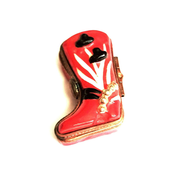 Red Cowboy Boot Trinket Box Porcelain Limoges shoes farm animals French Trinket Box