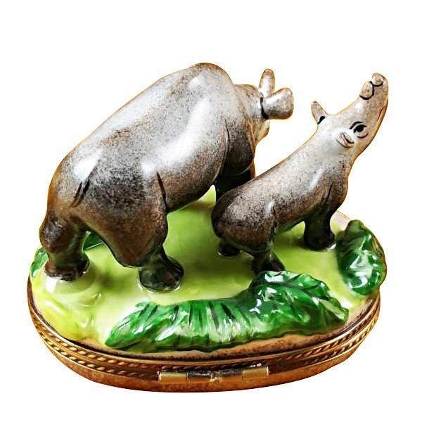Rhino and Baby Porcelain Limoges Limoges Boxes wild animals French Trinket Box