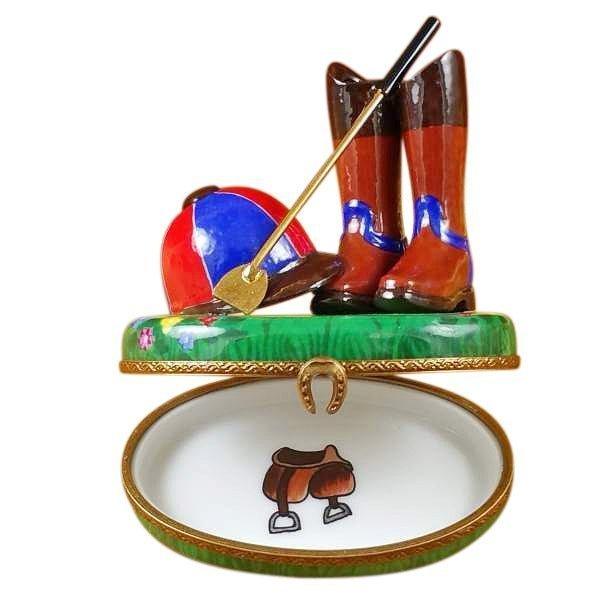Riding Set with Hat, Stick & Boots Porcelain Limoges sports farm aminals French Trinket Box