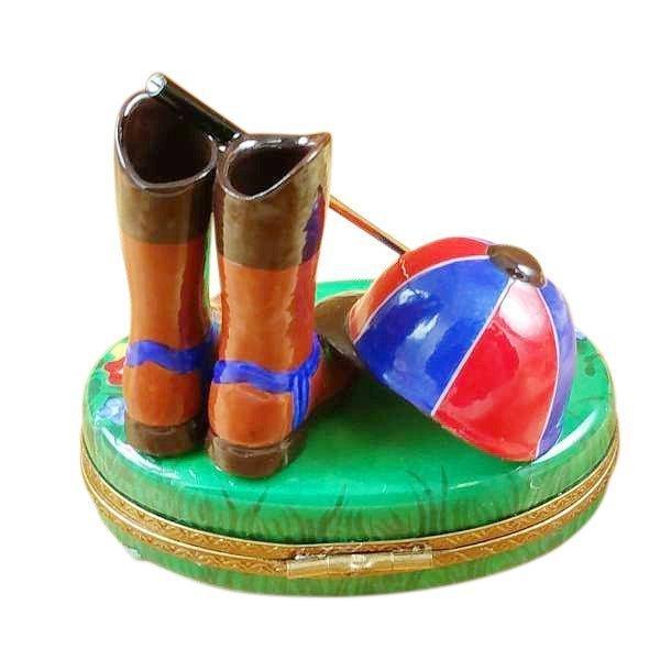 Riding Set with Hat, Stick & Boots Porcelain Limoges sports farm aminals French Trinket Box