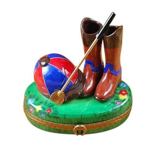 Riding Set with Hat, Stick & Boots Porcelain Limoges sports farm aminals French Trinket Box