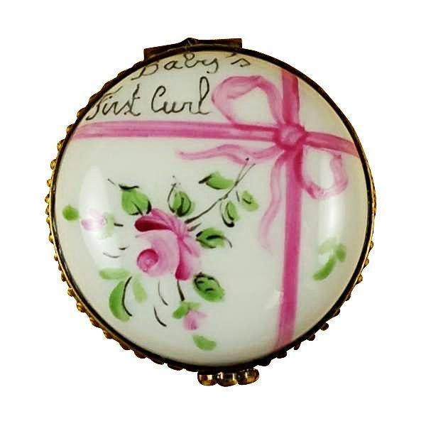 Round Pink First Curl Porcelain Limoges baby maternity French Trinket Box