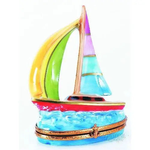 Sailboat: Multi Color Porcelain Limoges vehicle beach ocean French Trinket Box