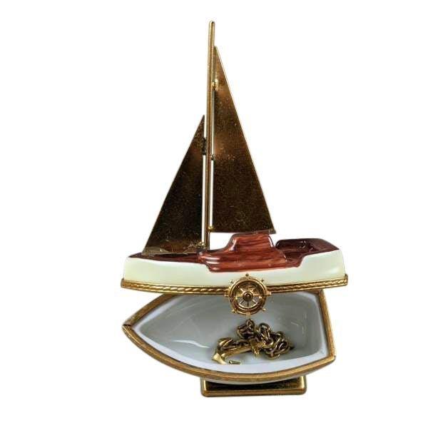 Sailboat with Brass Sails and Stand with Removable Anchor Porcelain Limoges united vehicle Limoges Boxes travel vehicles boat patriotic French Trinket Box