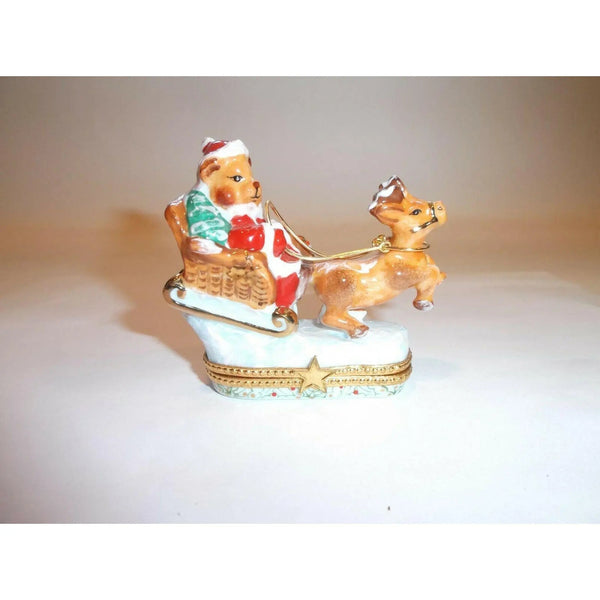 Santa Bear Sleigh Adventure Porcelain Limoges xmas theme teddy French Trinket Box
