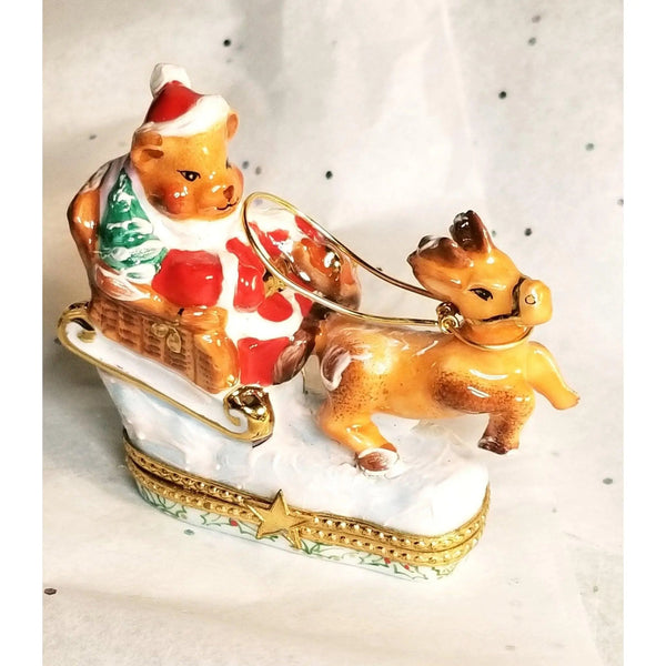 Santa Bear Sleigh Adventure Porcelain Limoges xmas theme teddy French Trinket Box