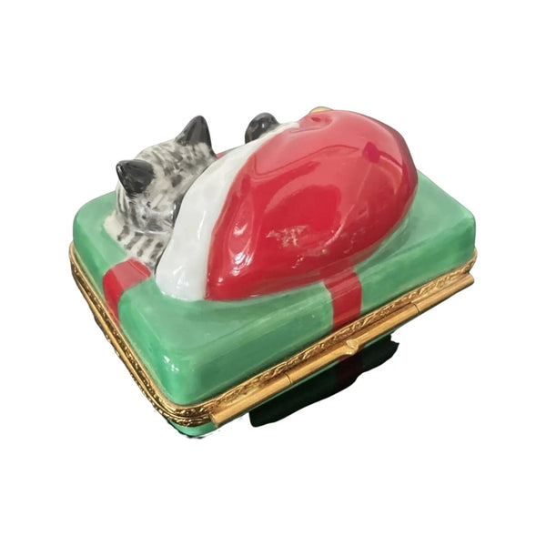 Santa Cat Porcelain Limoges xmas theme santa claus cat French Trinket Box