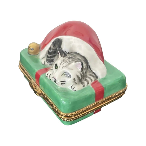 Santa Cat Porcelain Limoges xmas theme santa claus cat French Trinket Box