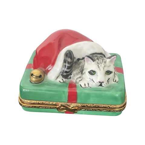 Santa Cat Porcelain Limoges xmas theme santa claus cat French Trinket Box