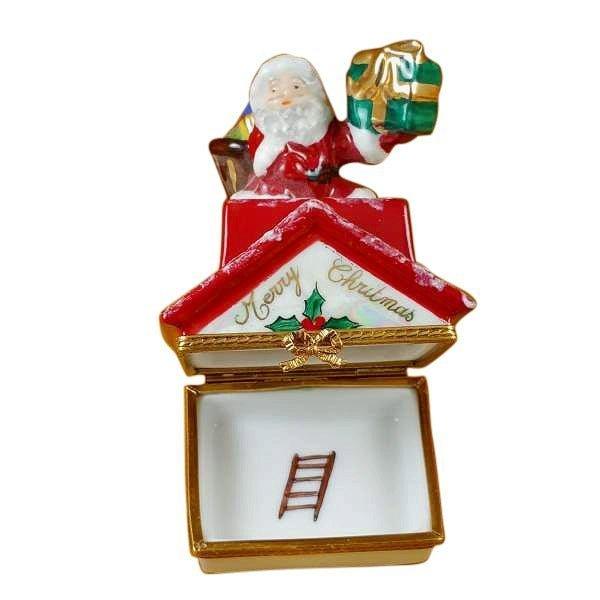 Santa Claus on Roof with Presents Porcelain Limoges Santa French Trinket Box