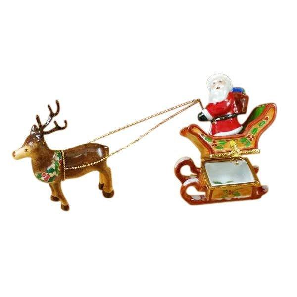 Santa In Sleigh W Rein-Deer Porcelain Limoges Santa Claus French Trinket Box