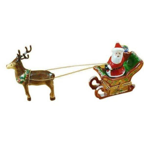 Santa In Sleigh W Rein-Deer Porcelain Limoges Santa Claus French Trinket Box