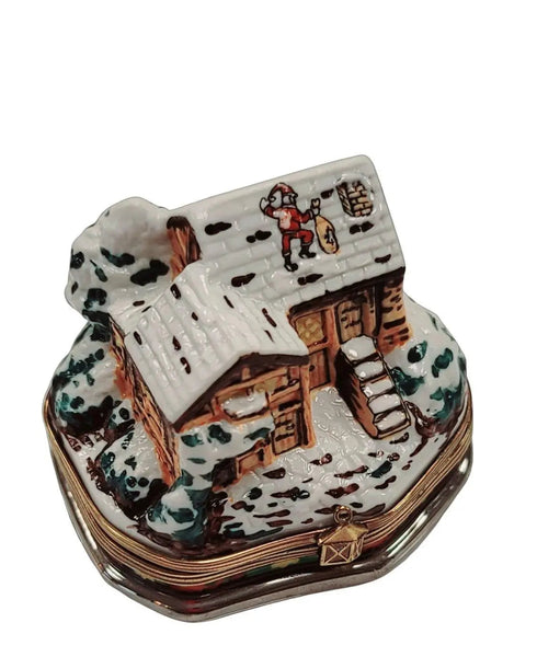 Santa On Winter Cottage Roof Porcelain Limoges santa christmas French Trinket Box