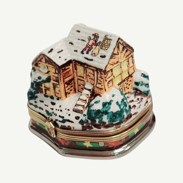 Santa On Winter Cottage Roof Porcelain Limoges santa christmas French Trinket Box