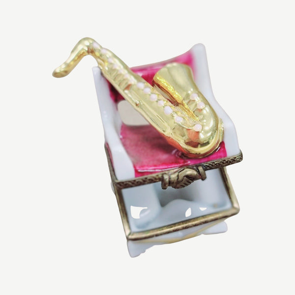 Saxophone Charm on Chair Porcelain Limoges Music furniture French Trinket Box