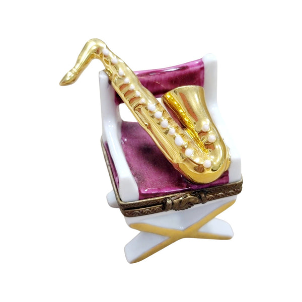 Saxophone Charm on Chair Porcelain Limoges Music furniture French Trinket Box