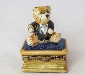 School Teddy Bear on Book Porcelain Limoges Teddy French Trinket Box