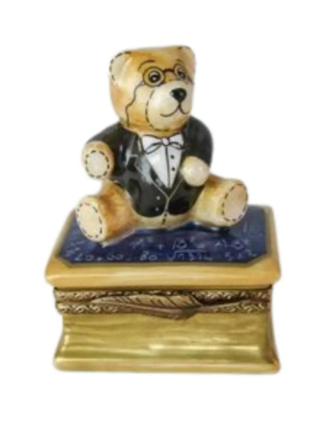 School Teddy Bear on Book Porcelain Limoges Teddy French Trinket Box
