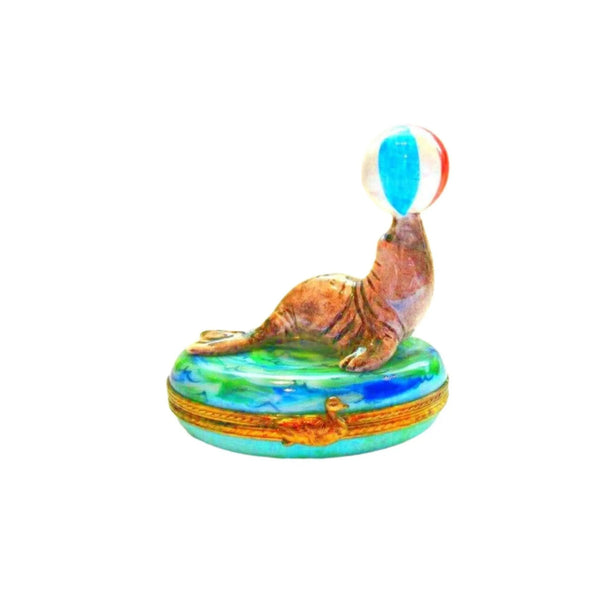 Seal with Beach Ball Trinket Porcelain Limoges Limoges Ocean Fish beach Limoges Boxes French Trinket Box