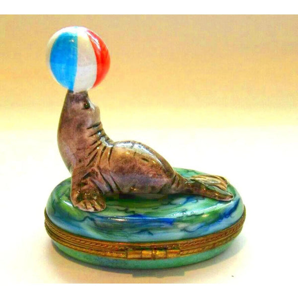 Seal with Beach Ball Trinket Porcelain Limoges Limoges Ocean Fish beach Limoges Boxes French Trinket Box