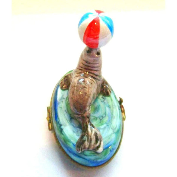 Seal with Beach Ball Trinket Porcelain Limoges Limoges Ocean Fish beach Limoges Boxes French Trinket Box