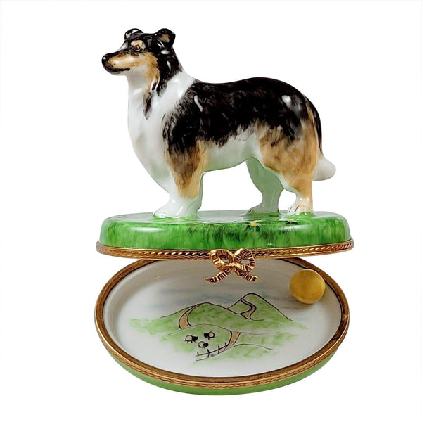 Sheltie with Removable Ball Porcelain Limoges dog French Trinket Box