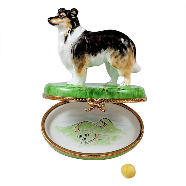 Sheltie with Removable Ball Porcelain Limoges dog French Trinket Box