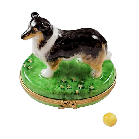 Sheltie with Removable Ball Porcelain Limoges dog French Trinket Box