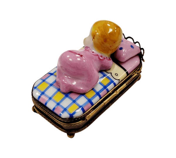 Sleeping Baby in Pink Bed Porcelain Limoges Babies Figurine French Trinket Box