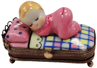Sleeping Baby in Pink Bed Porcelain Limoges Babies Figurine French Trinket Box