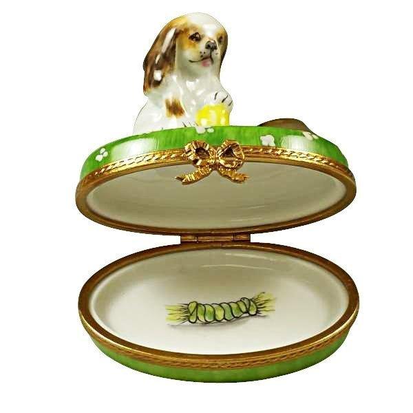 Spaniel Puppy with Ball and Bowl Porcelain Limoges dog French Trinket Box