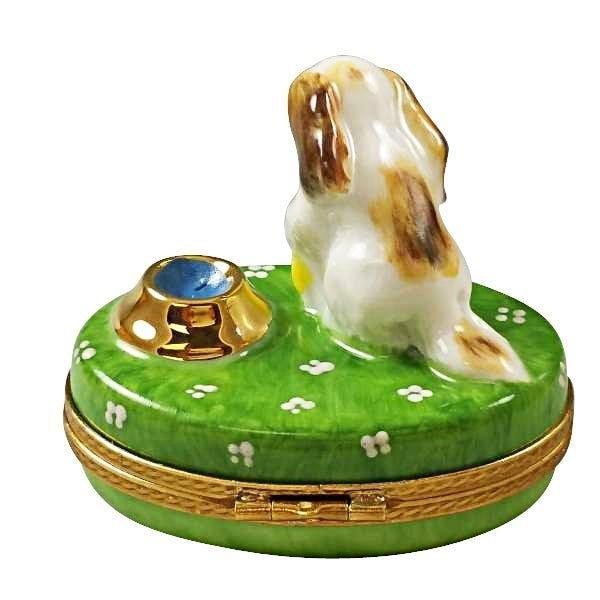 Spaniel Puppy with Ball and Bowl Porcelain Limoges dog French Trinket Box