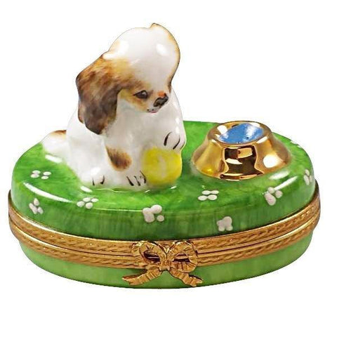 Spaniel Puppy with Ball and Bowl Porcelain Limoges dog French Trinket Box