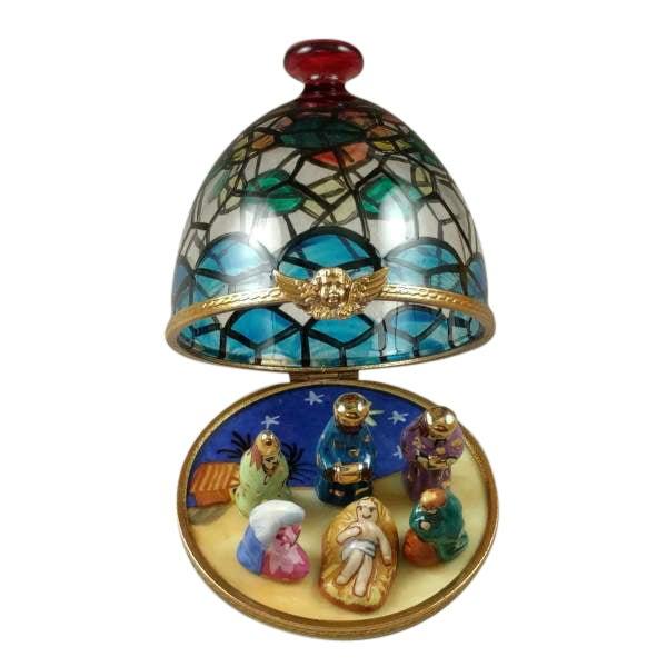 Stained Glass Dome with Nativity Inside Porcelain Limoges nativity French Trinket Box