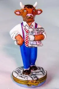 Stock Market Bull Cow Porcelain Limoges wild professional limoges boxes French Trinket Box