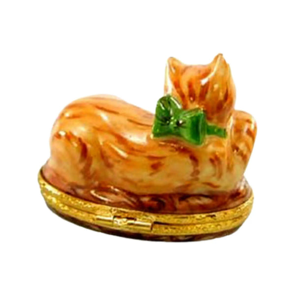 Tabby Cat w Present Porcelain Limoges xmas theme cat French Trinket Box