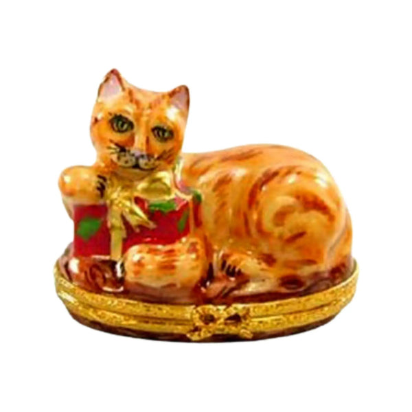 Tabby Cat w Present Porcelain Limoges xmas theme cat French Trinket Box