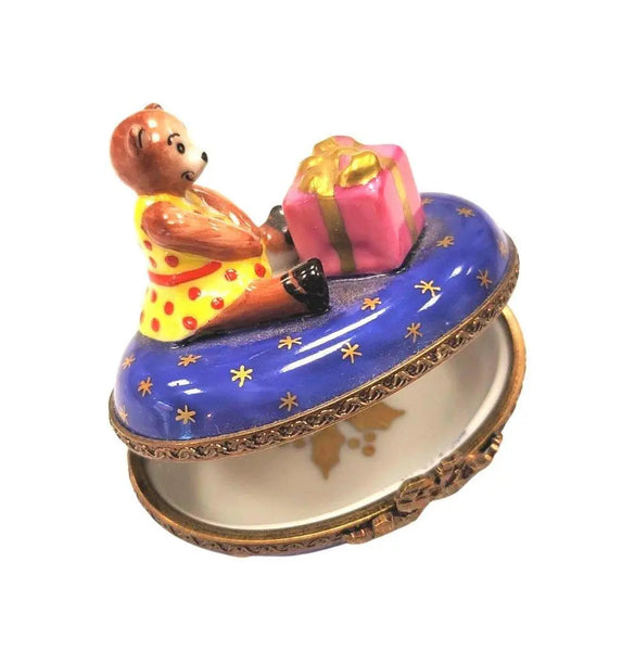 Teddy Bear Christmas Gift Figurine Porcelain Limoges teddy xmas French Trinket Box