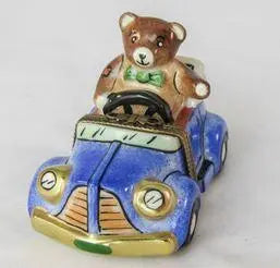 Teddy Bear in Car Porcelain Limoges Teddy Moving vehicle French Trinket Box