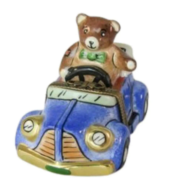 Teddy Bear in Car Porcelain Limoges Teddy Moving vehicle French Trinket Box