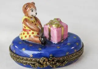 Teddy Bear w Present Porcelain Limoges Teddy xmas French Trinket Box