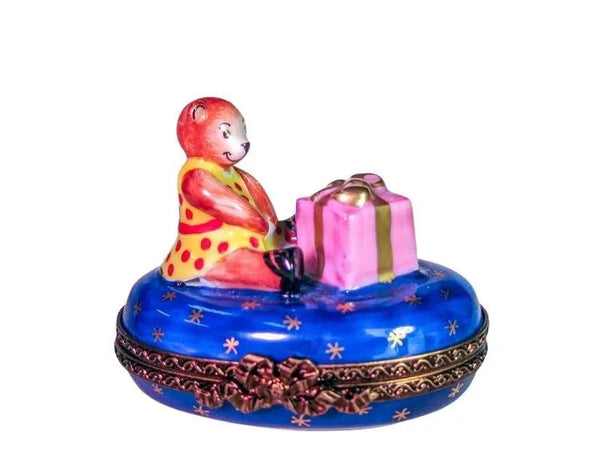 Teddy Bear w Present Porcelain Limoges Teddy xmas French Trinket Box