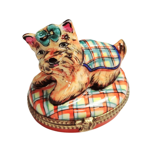 Terrier Dog Plaid Elegance Box Porcelain Limoges dog French Trinket Box
